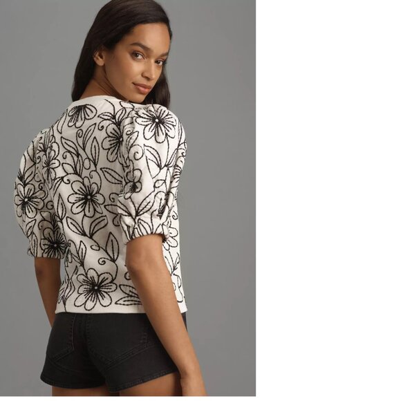 Anthropologie Maeve Puff-Sleeve Embroidered Pullover nwt NEW XSP PXS white - Picture 3 of 6
